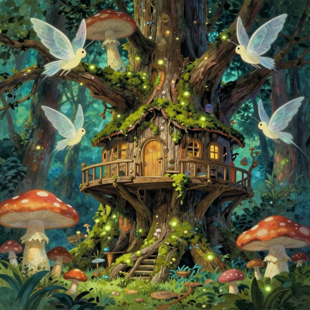 Ancient Treehouse in Bioluminescent Forest