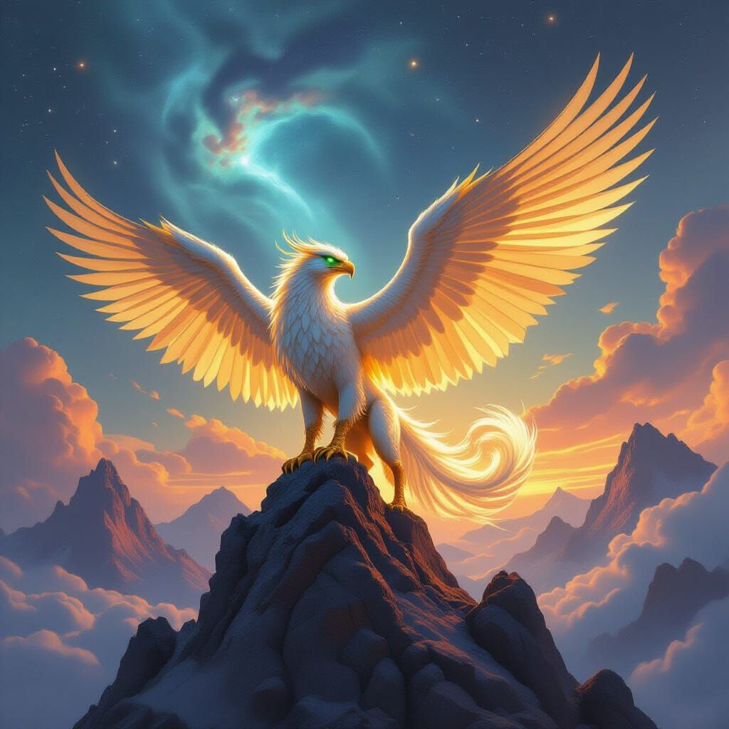 Golden Griffin Perched on Mountain Peak