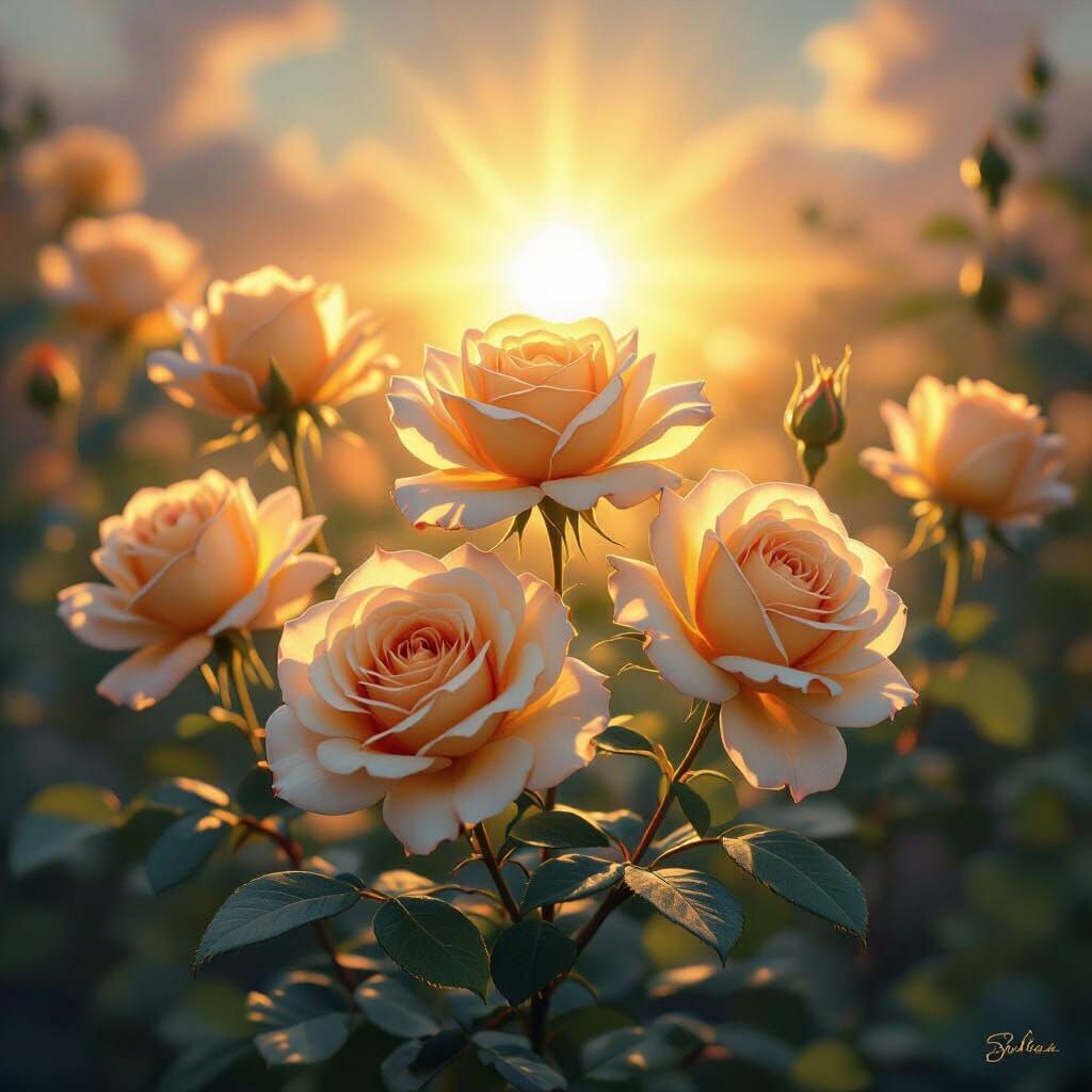 Golden Roses Bloom in Radiant Sunlight
