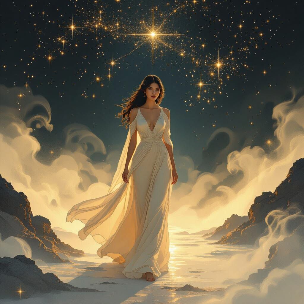 Woman Between Realms of Light and Darkness