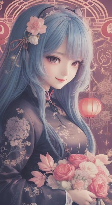 Dreamcore Girl in Qipao with Red Lanterns