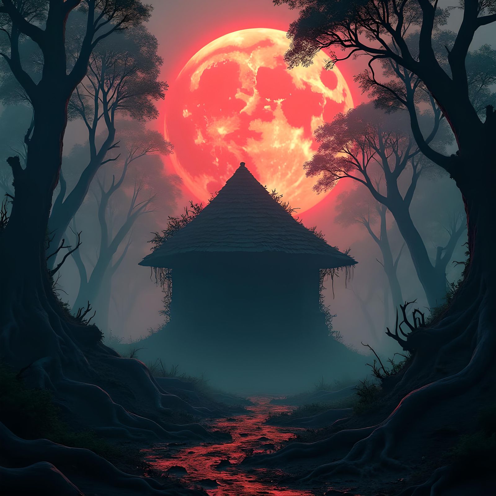 Eerie Jungle Hut Under Red Moon