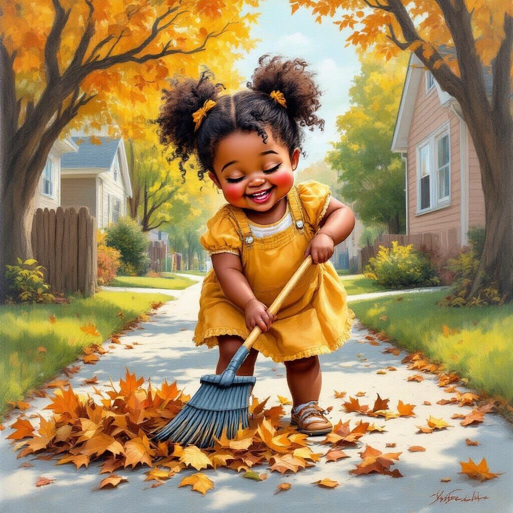 Joyful Girl Raking Leaves in Neighborhood Oil Gouache Painti...