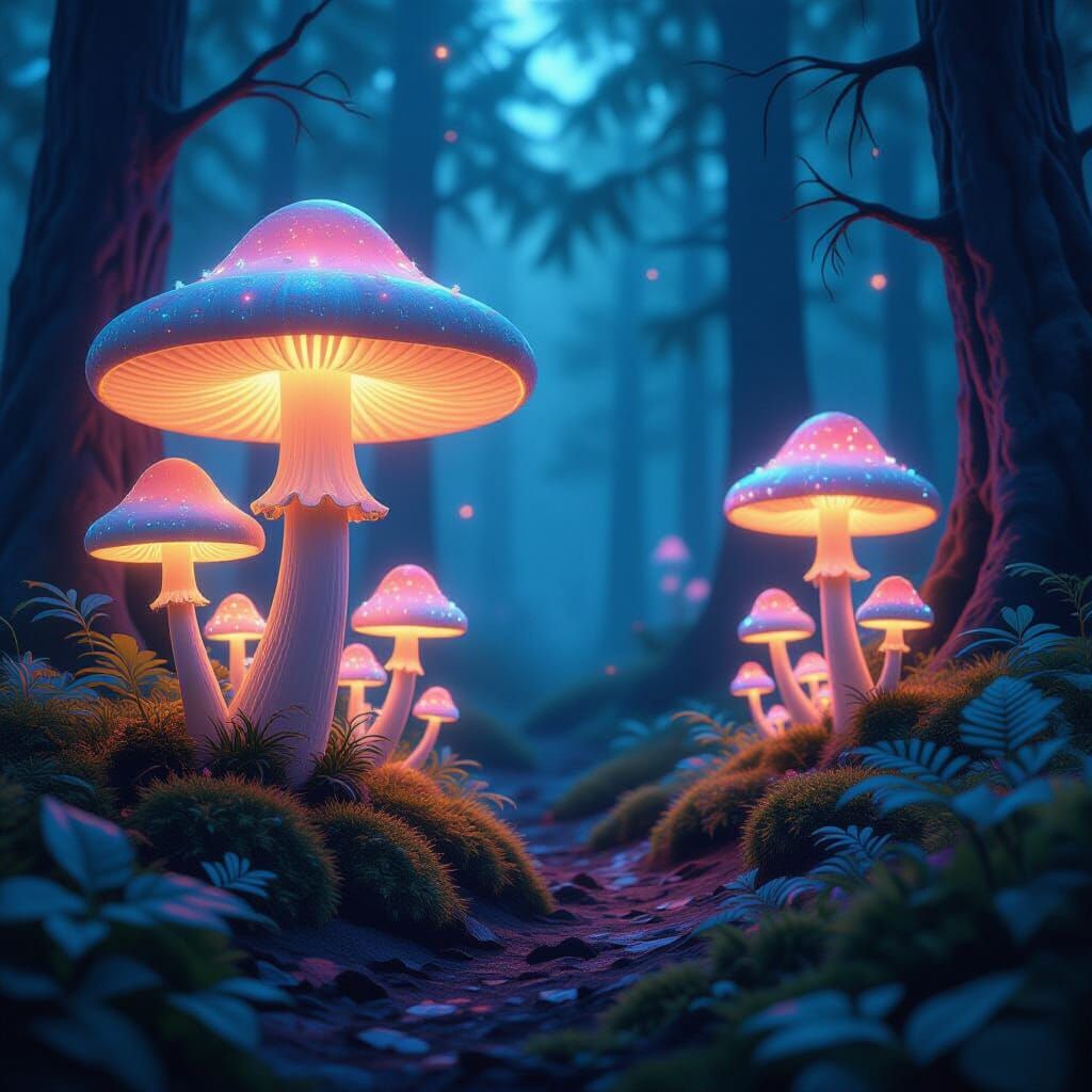 Luminescent Mushrooms in Mystical Forest