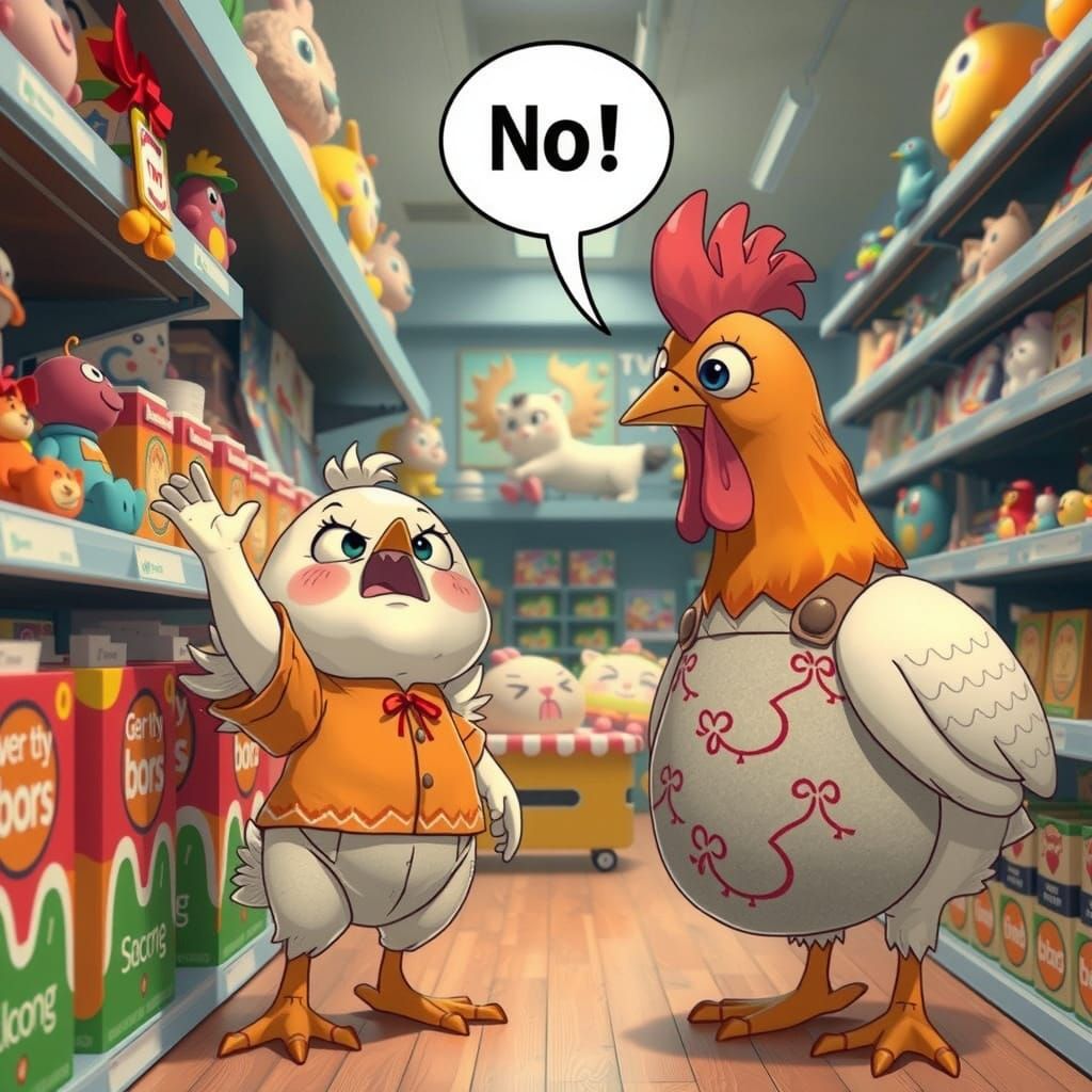 Angry Chicken Reaches for Toy: 3D Anime Art