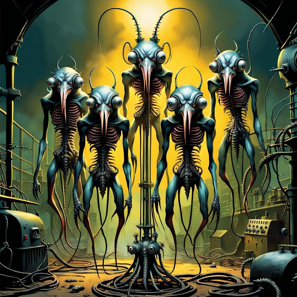 Nightmarish Biomechanical Abomination in Derelict Factory