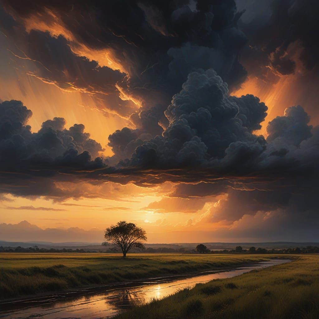 Dramatic Landscape Oil Painting at Golden Hour