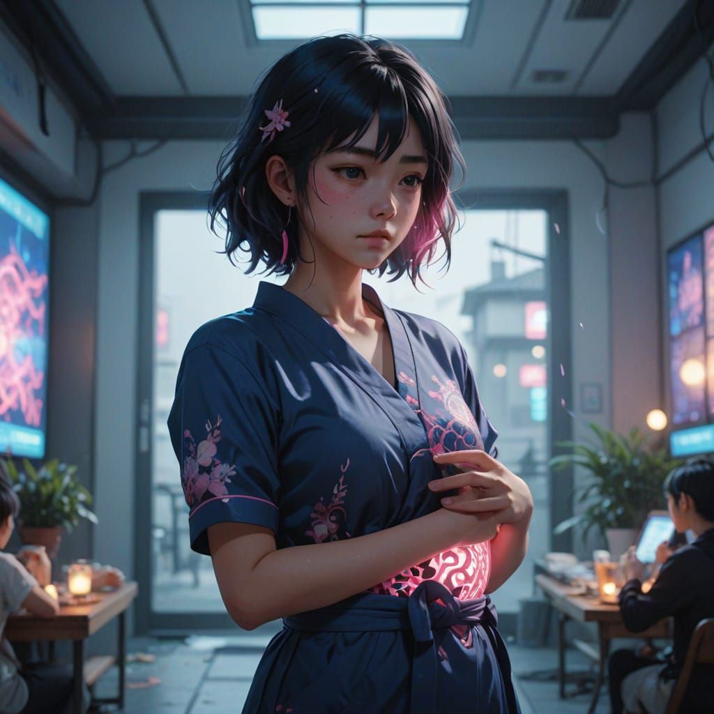 Anime Woman in Pain with Pastel Colors