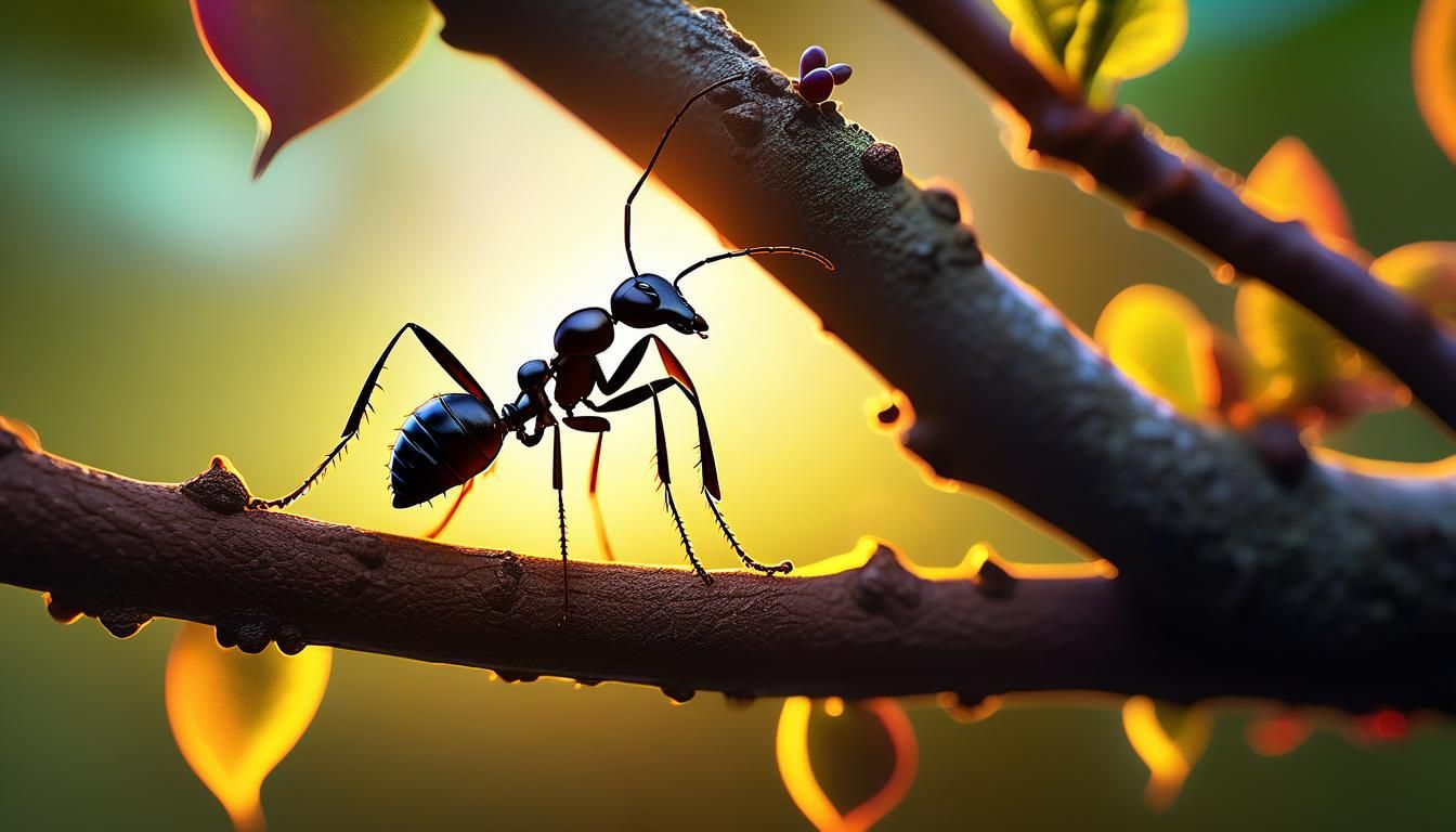 An ant walking up a tree limb