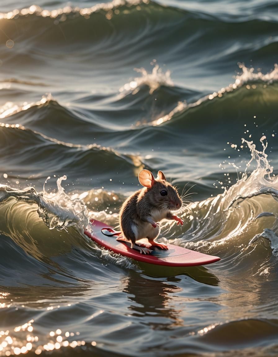 Mouse Surfing on Wave in Sunlight: Photography