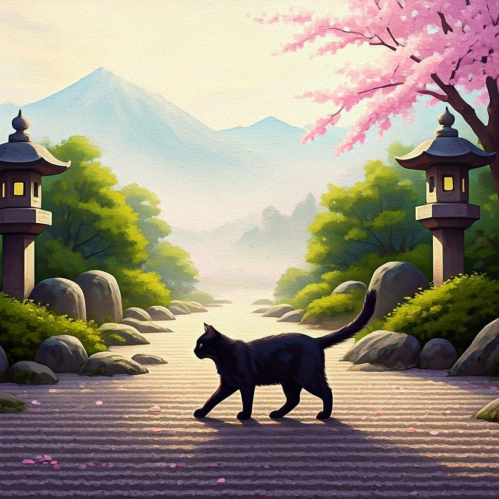 Japanese Watercolor Zen Cat in Serene Garden