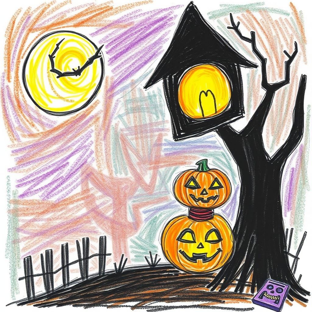 Crude child-like drawing jack o lanerns Halloween    night done in crayons