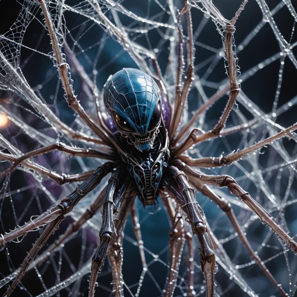 Surreal Xenomorph Spiderweb Creature in Eerie Light