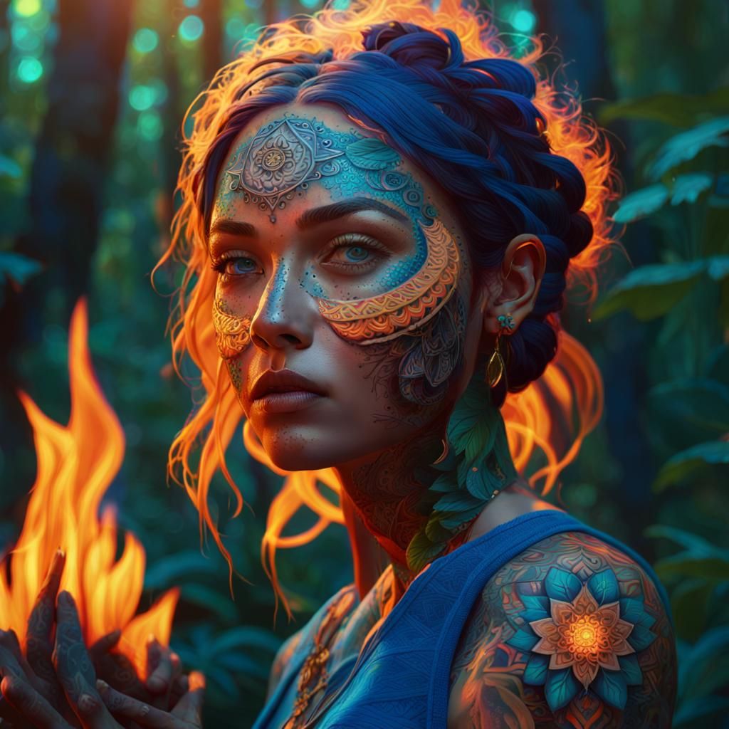 Psychedelic Girl with Mandala Tattoos in Lush Forest