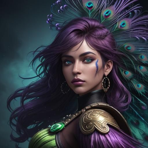 Peacock Haired Woman in a Fantastical Digital Painting