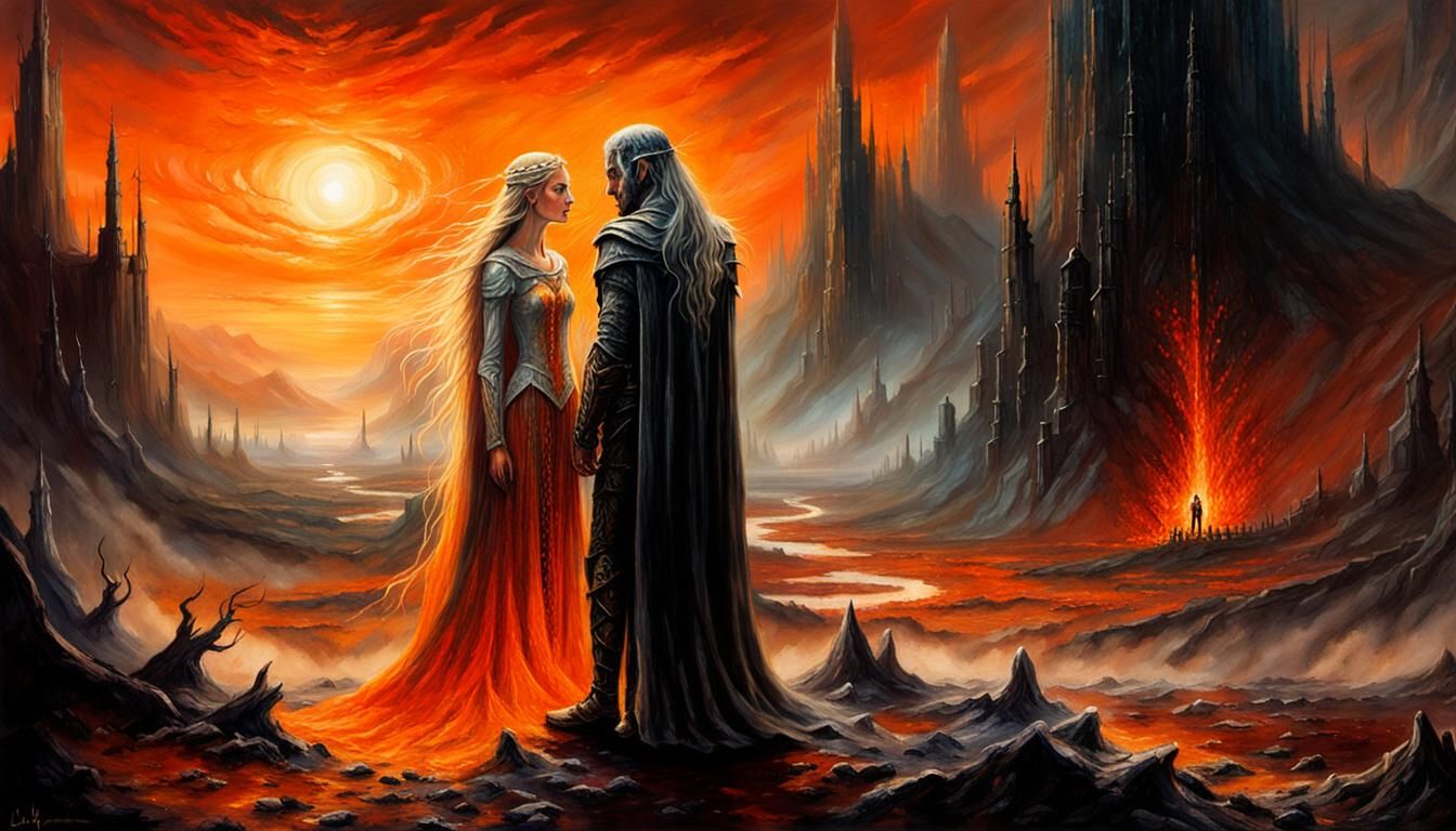 Sauron and Galadriel Embrace in Dark Fantasy Oil Painting