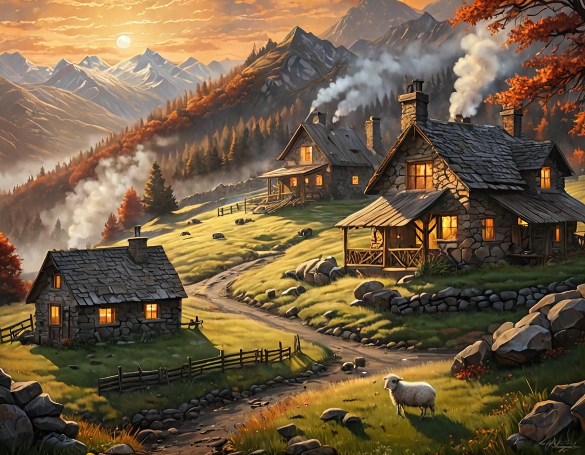 Mountain Landscape Acrylic Painting with Rustic Houses