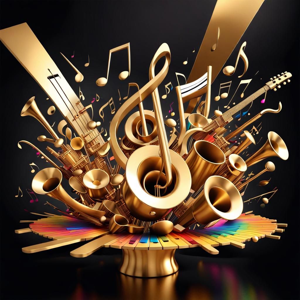 Golden 3D Music Explosion in Vibrant Splash Art