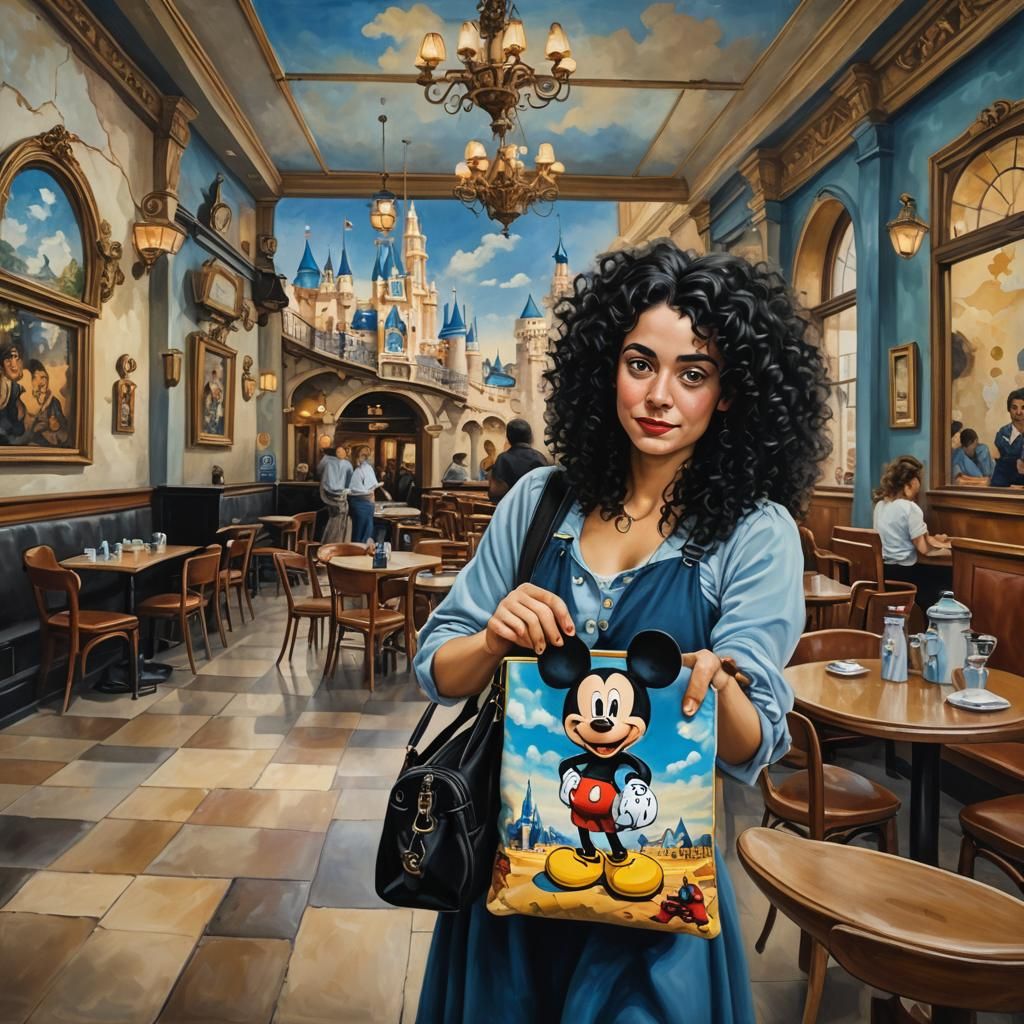 Woman with Mickey Mouse Bag in Disneyland, Surrealist Style