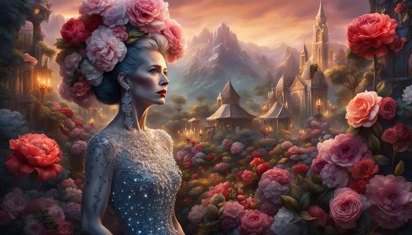 Elegant Woman in Crystal Dress with Floral Horror