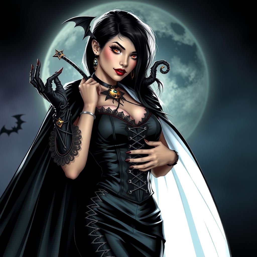 Elegant Vampire Queen in Long Fangs and Gothic Cape