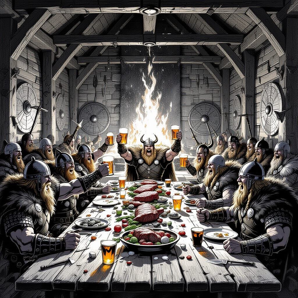 Viking Feast in Grand Hall, in Ink Art Style