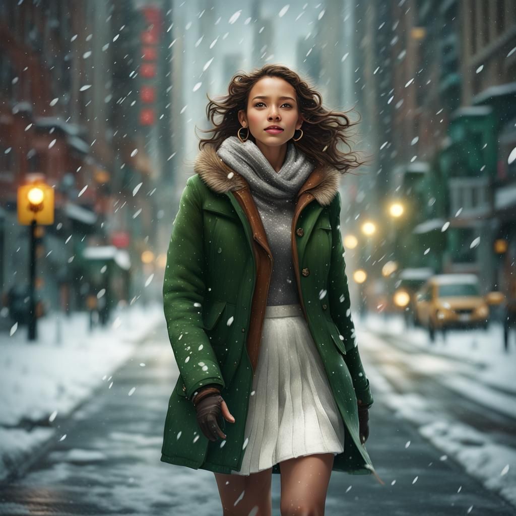Girl in Snowy New York City, Detailed Matte Painting