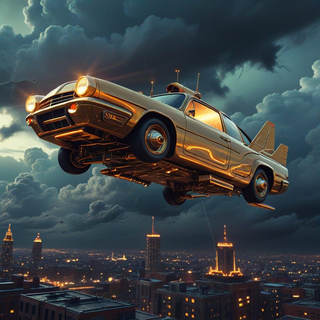 Retro-Futuristic Flying Car in Atompunk Style