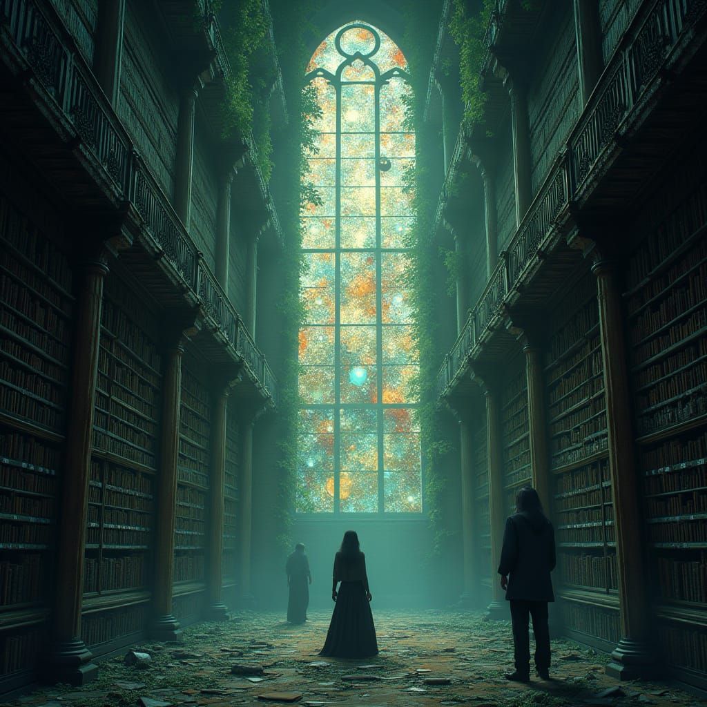 Ethereal Library with Floating Books and Spectral Librarians