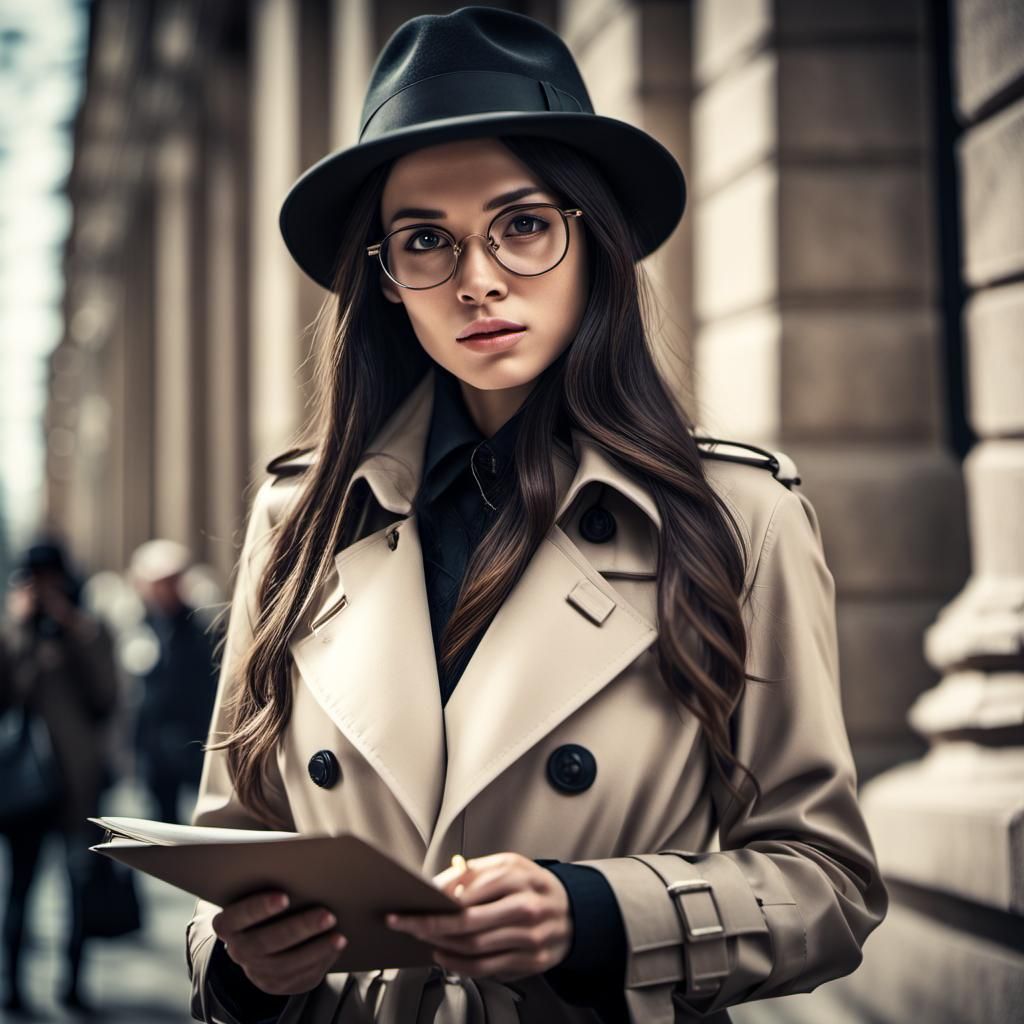 Hyperrealistic Woman in Trench Coat Taking Notes