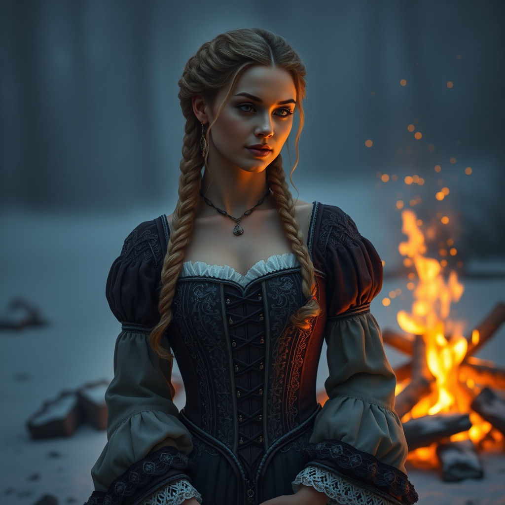 Woman in Medieval Dress by Campfire