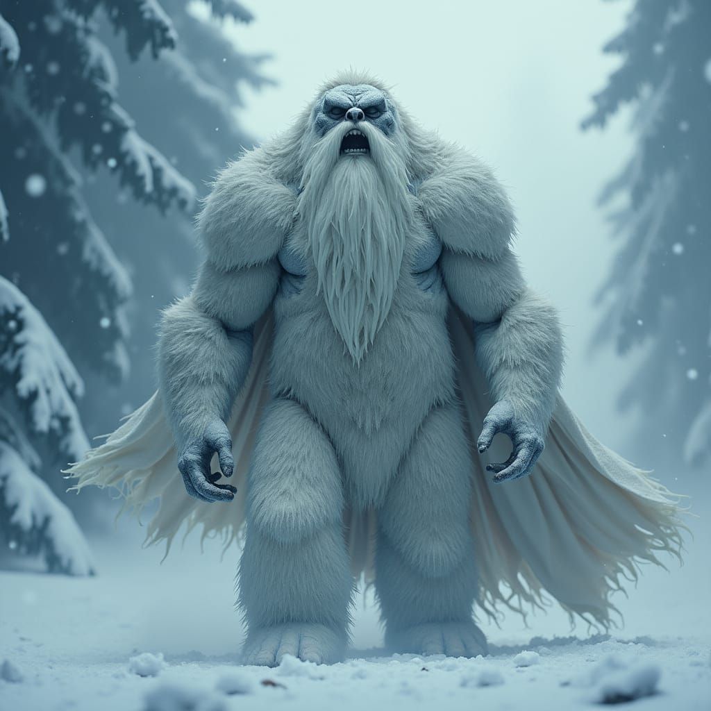 Abominable Snowman Superhero in Furious Snowstorm