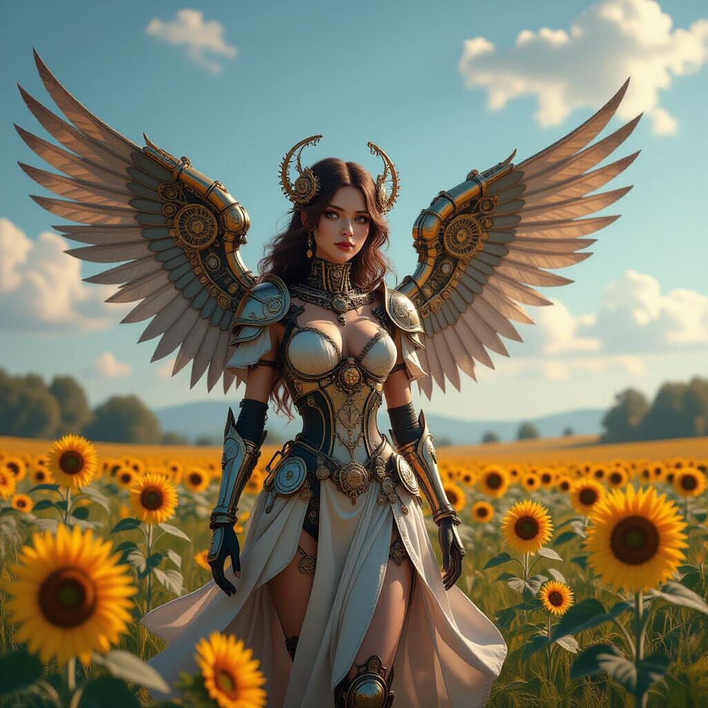 Steampunk Angel with Clockwork Wings in Sunflower Field