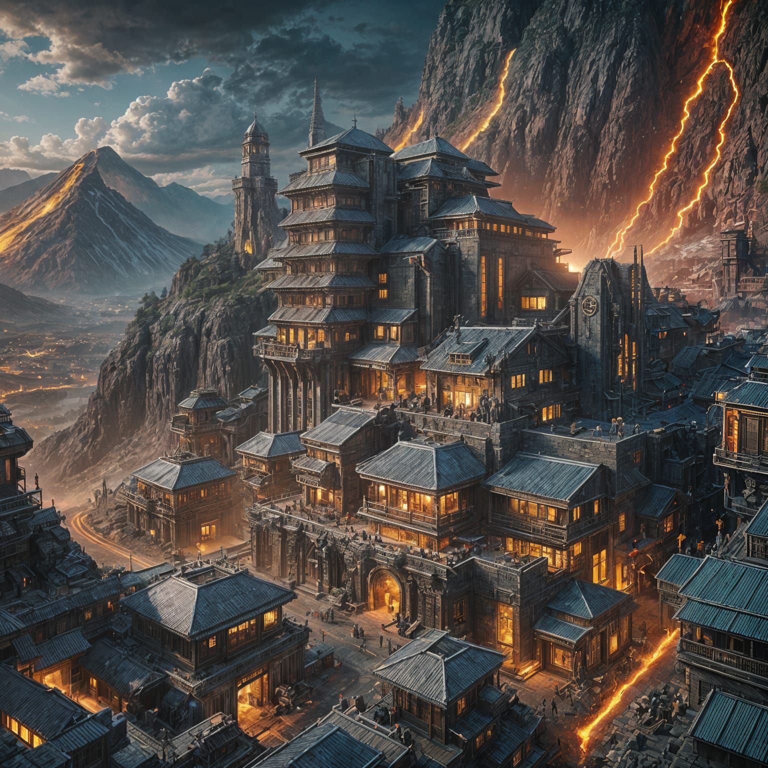 Lava mountain village. intricate details, HDR, beautifully shot, hyperrealistic, sharp focus, 64 megapixels, perfect com...