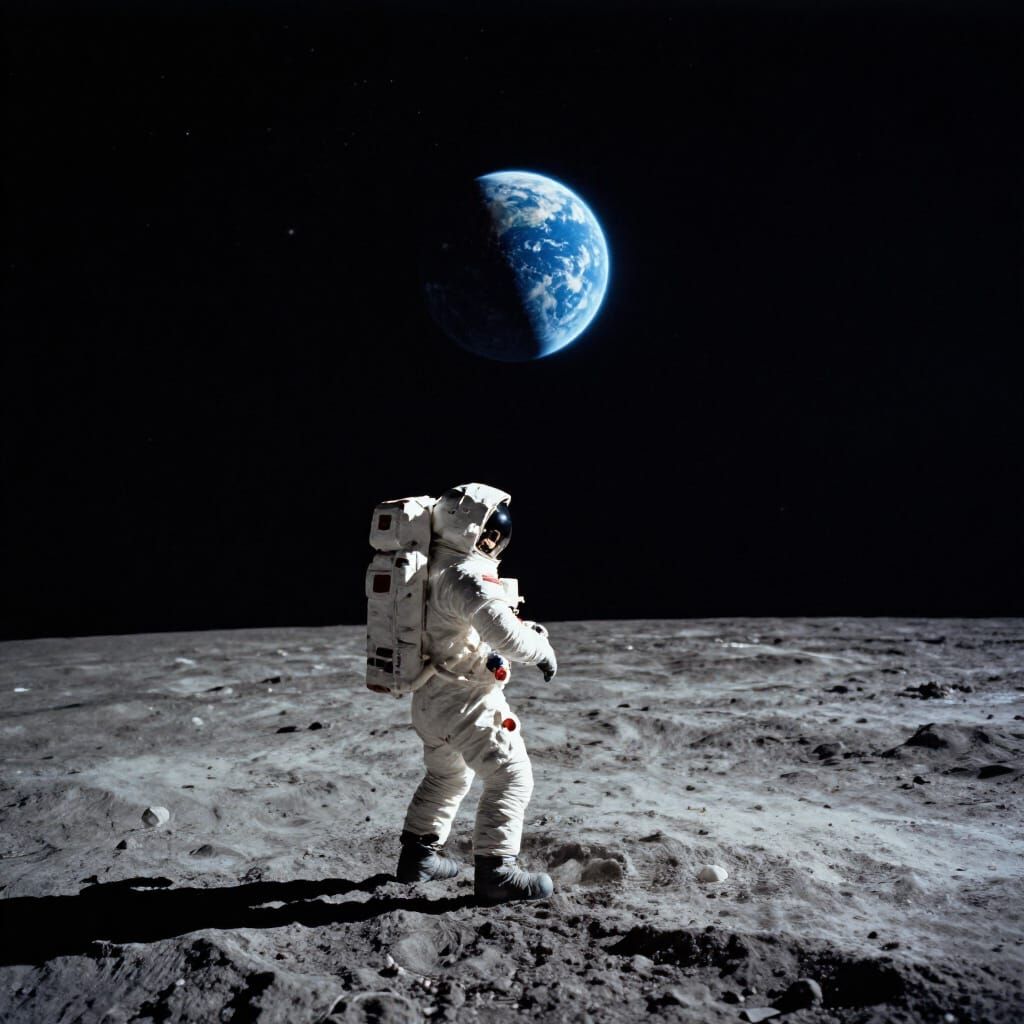 Astronaut's First Step on Moon, Earth in Sky