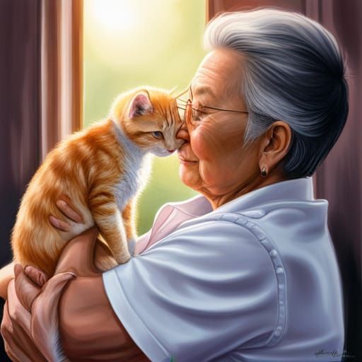 Loving Taiwanese Grandmother with Kitten: Hyperrealistic Spl...