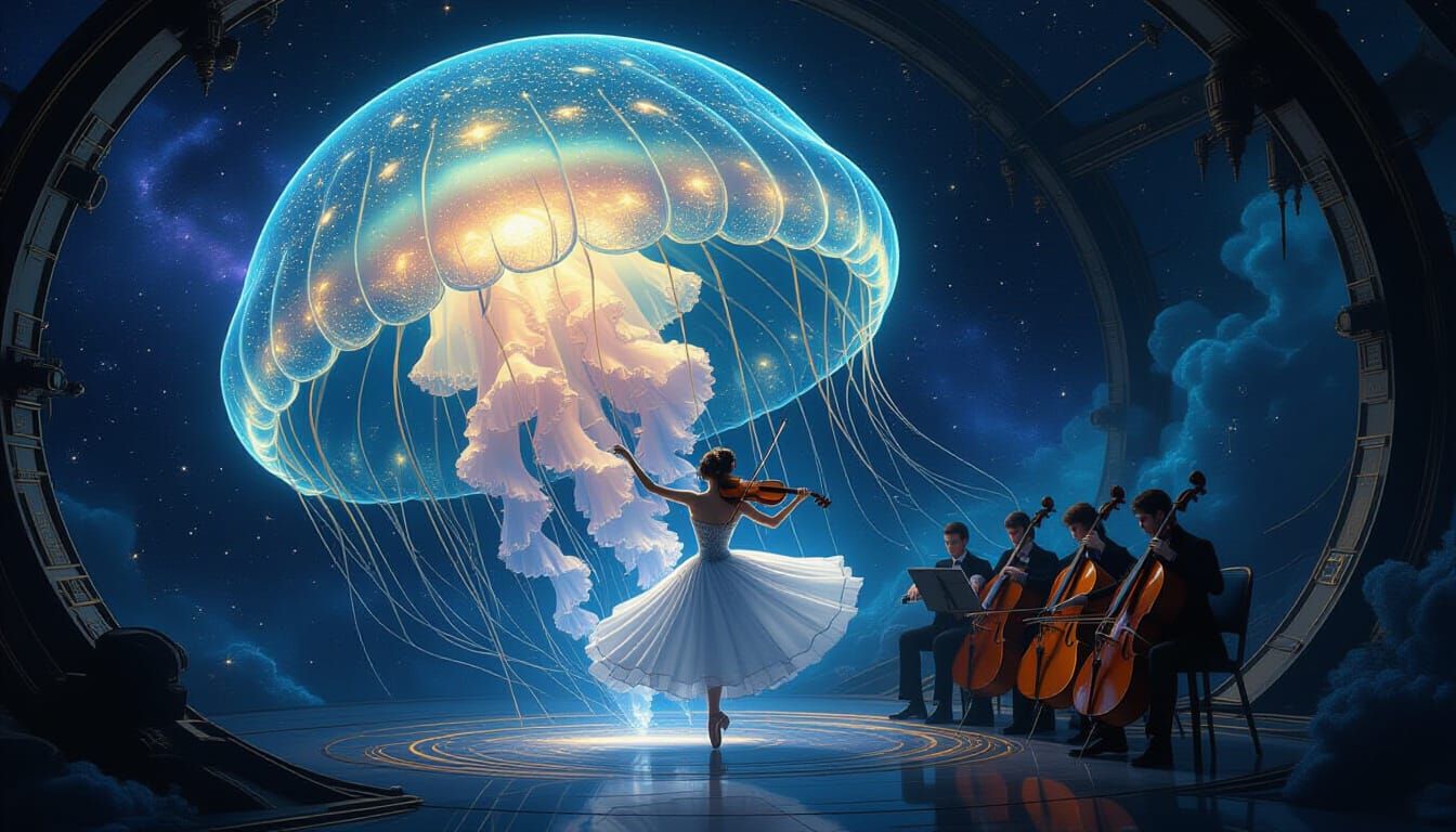 Cosmic Jellyfish Steampunk Orchestra in Hyperrealistic Surre...