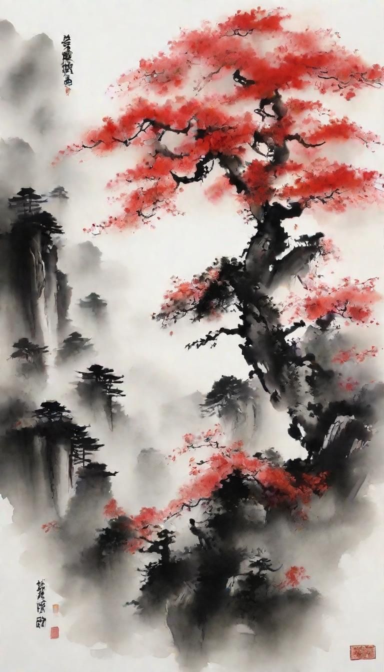 Tree with Red Flowers in Chinese Ink Style