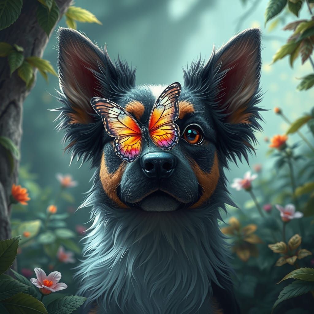 Whimsical Dog in Enchanted Forest with Iridescent Butterfly