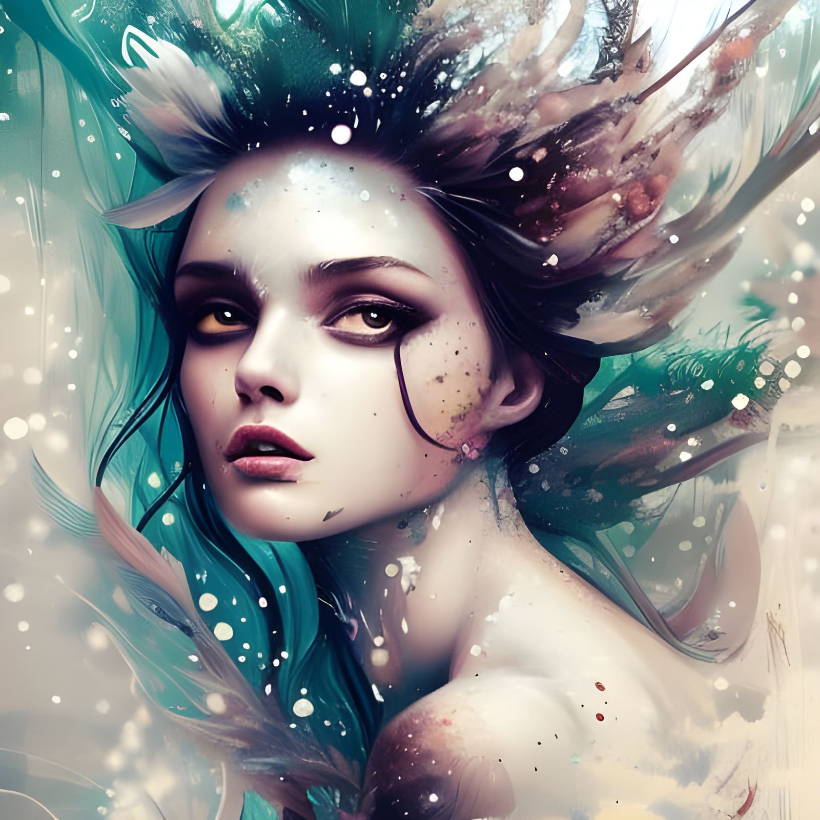 Woman in White Forest: Fluid Gouache Digital Art