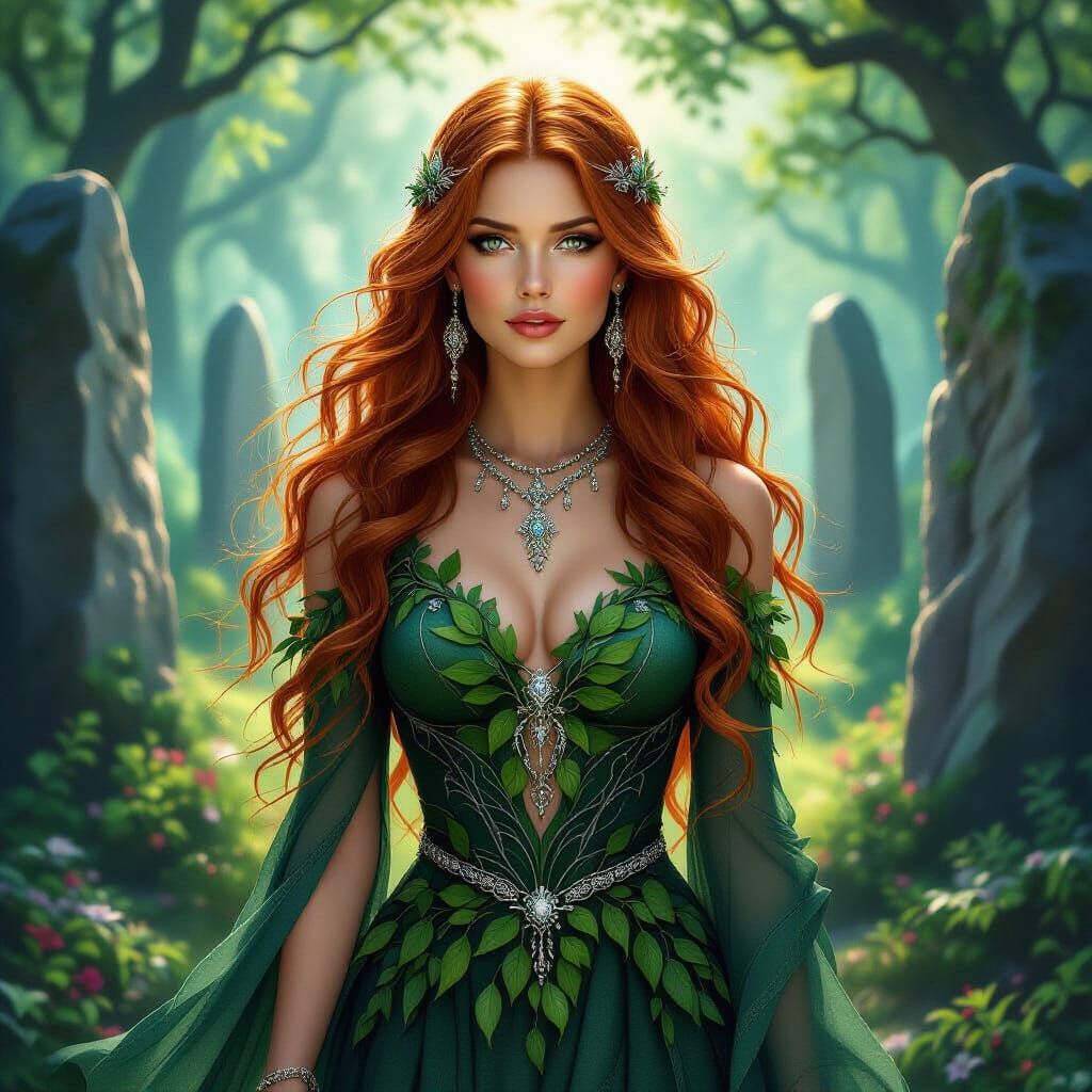 Celtic Woman in Mystical Forest: Art Nouveau Illustration