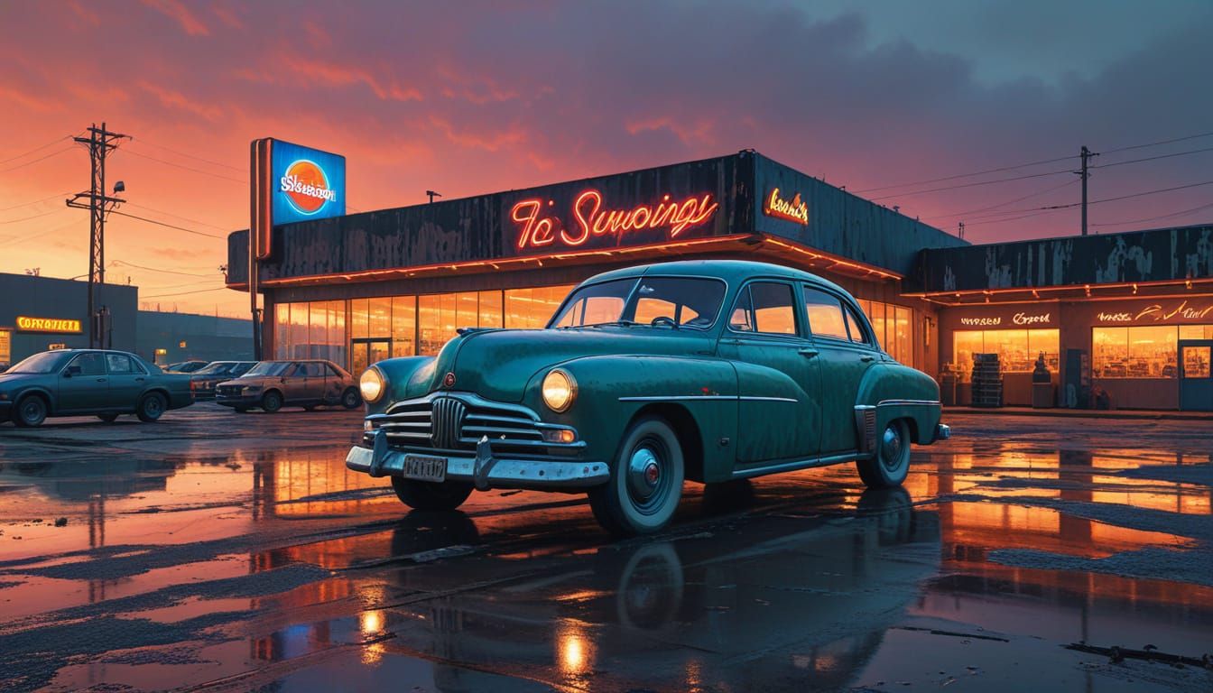 Dieselpunk Car in Wasteland: Oil Painting Style