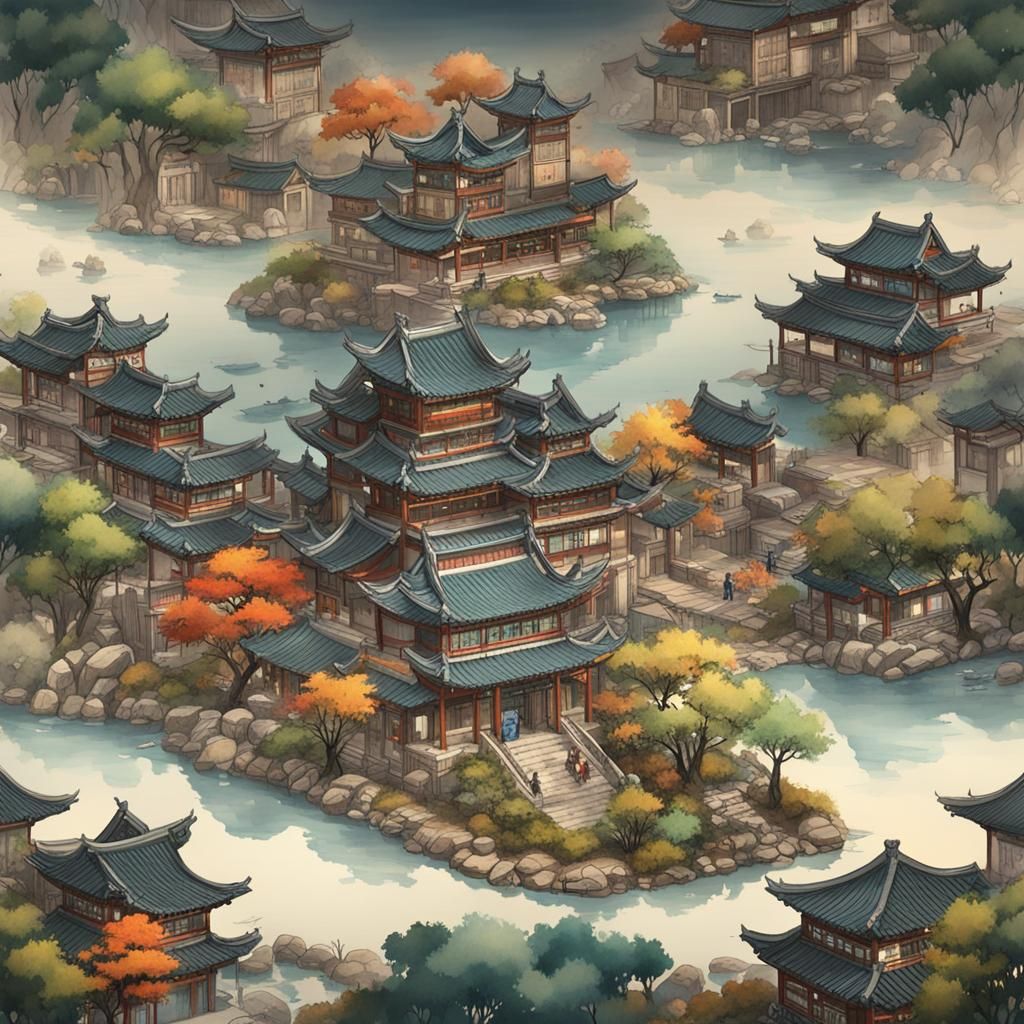 Oriental Watercolor Cityscape in Folk Art Style