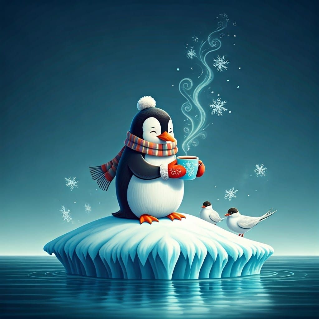 Cheerful Penguin Sipping Coffee on a Serene Icy Isle