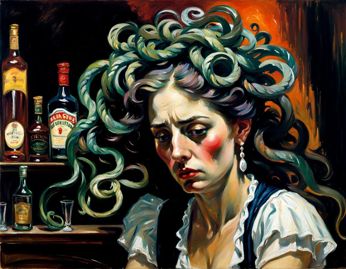 Weeping Medusa Portrait in Smoky Bar, Emotional Oil Gouache