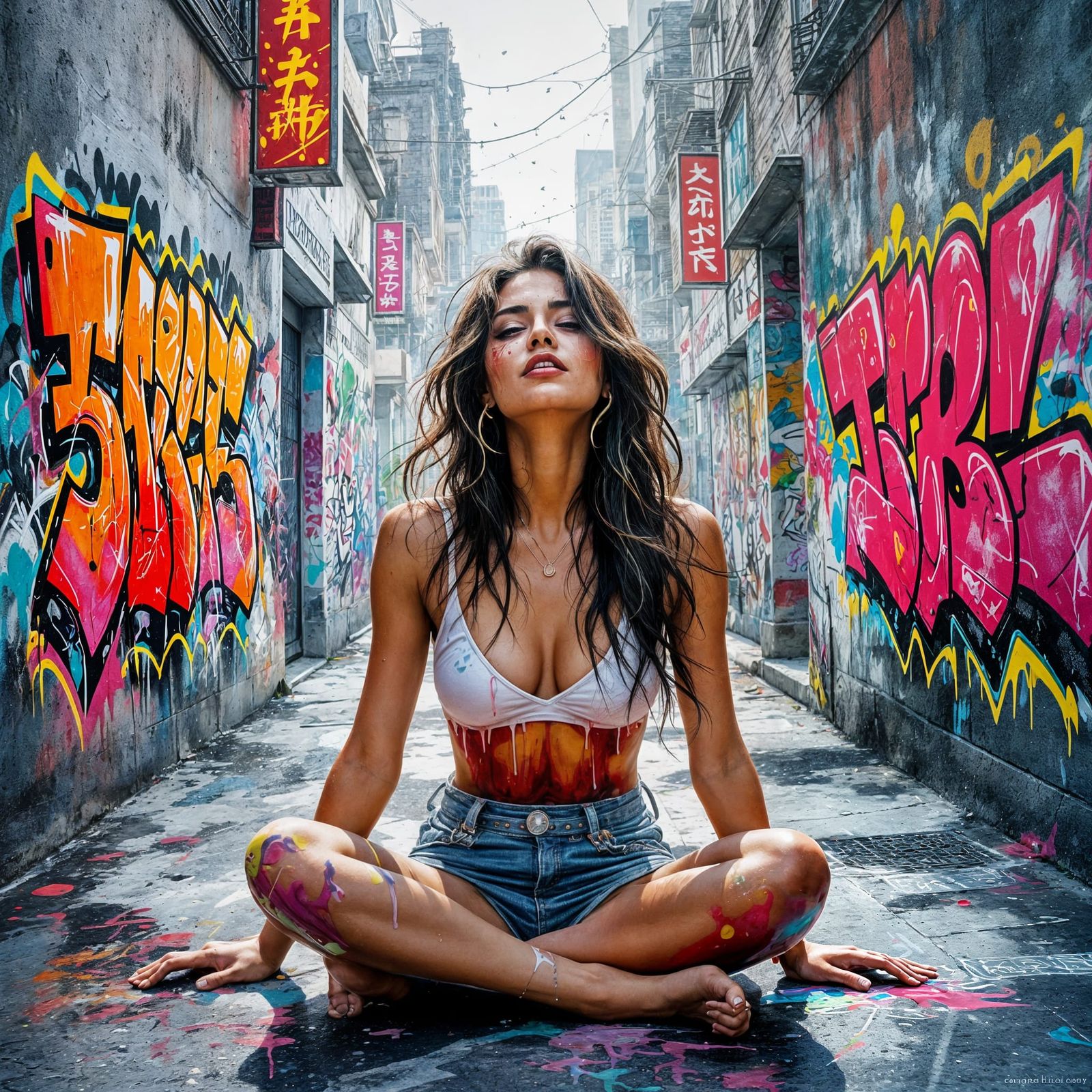 Beautiful Woman in Pain as Graffiti Art