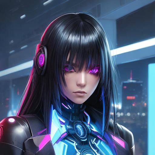 Anime Girl in Neon-Lit Cyberpunk City