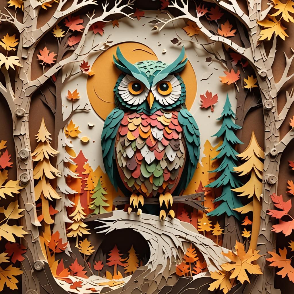Layered Paper Owl in Autumn Vortex Forest