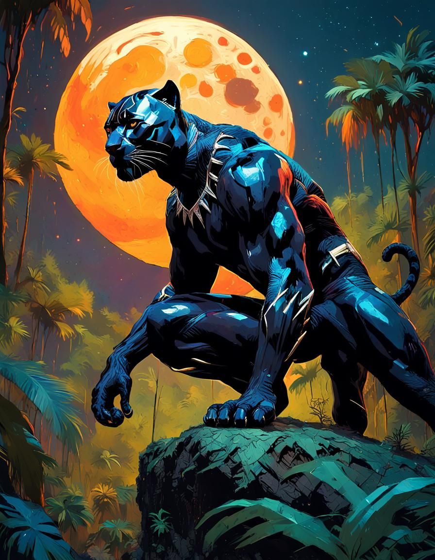 Black Panther Under a Luminous Moon, Digital Painting