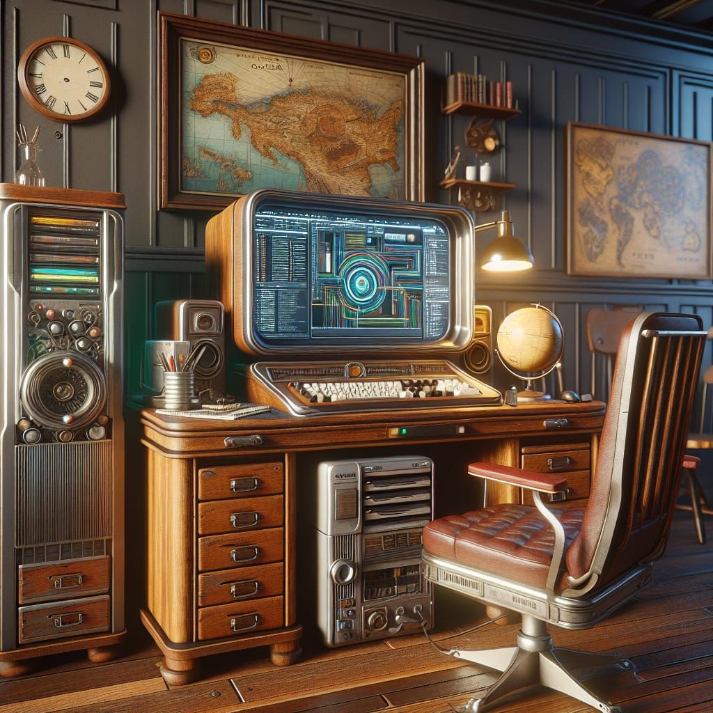Vintage Computer Setup in Retro Workspace: Matte Painting